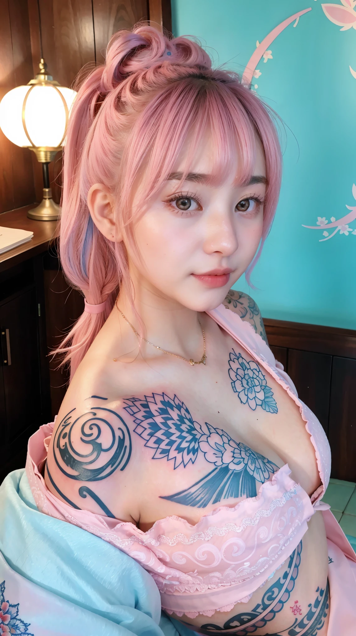 Georgeous, Beautiful, Cutes, Baby Face, 20 Years Old, White Skin, Sleeveless, Cleavage, Large Breast, Large Chests, ((Pink-Blue Pastel Coloured)) Off Shoulder Japanese Kimono, Lace Kimono, Embroidery Kimono, Muscles, Athletic, Girly, Japanese Vintage Background, Twintails, Hair with Bangs, Open Mouth, Masterpiece, Adorable, Beautiful Large Eye, Dramatic Vintage Lighting, (Yakuza Tattoo), ((Tattooed:1.1)), HDR, Fish Gape Selfie