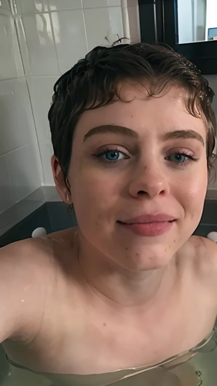 ((s0ph)), 2 people in a bathtub without water, chico y chica, Sophia Lillis desnuda ,cuerpo entero, vista de lado, sonrisa, autofoto, submerged in the bathtub, mojada, gotas de agua recorriendo la cara,pelo corto, pelo mojado, pecas ,pecho pecoso,pecho diminuto,tetas pecosas ,costillas visibles,delgada, flaca, vagina peluda , un hombre feo desnudo mojado