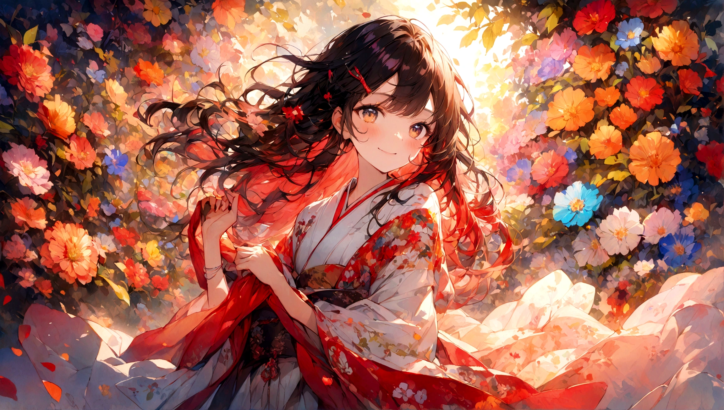 Masterpiece, Committed to ultra-high definition and vivid colors, Super detailed, Attention to detail, highest quality,, Beautiful watercolor painting, 18-year-old, woman, Dressed in a gorgeous red and white kimono, Her hair is held in place by a red hair clip, Black Hair, She is smiling with a very beautiful expression, The background is filled with colorful flowers, which fill the entire screen.