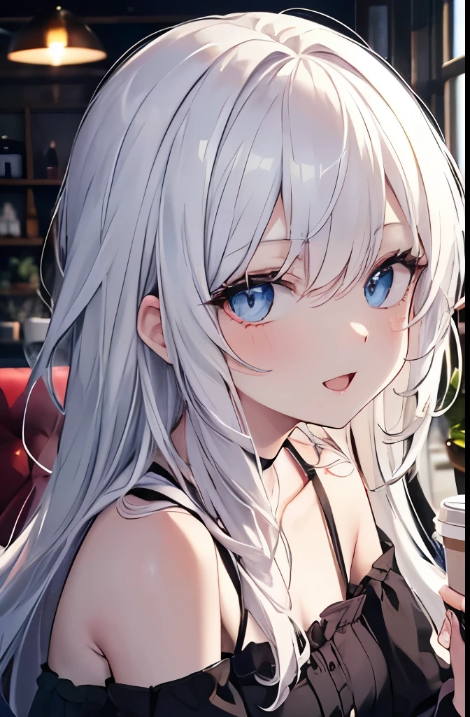 Masutepiece, Highest Quality, (Perfect face:1.1), (high detailing:1.1), (ultradetailed eyes), Dramatic,superfine illustration,Extremely detailed,1girl in,ager,pale skin,(long white hair:1.4),Ethereal eyes,Blue eyes,((With eyes highlights:1.4)),Solo,Smile,Happy,Laugh,Enjoy, Open mouth,Pouty lips,Cinematic lighting, Cowboy Shot,whitedress, off shoulder,indoor,cafe,drinking coffee,sitting