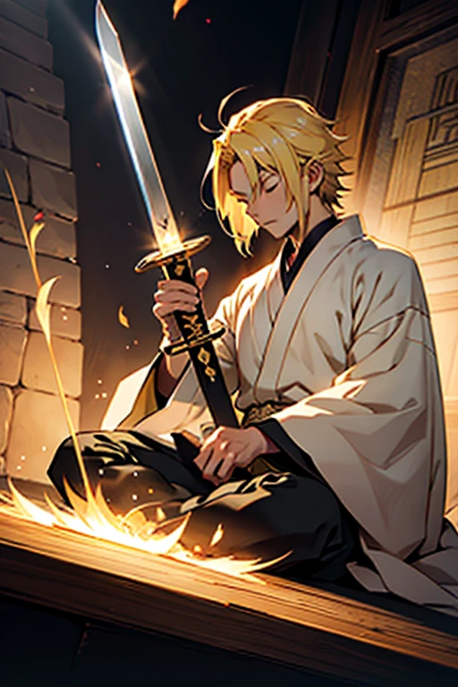 Anime guy with blonde hair summoning a sword out of light magic while meditating, manga page with panels and dialogue