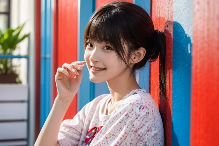 a flat lineart of a young beautiful woman leaning against colorful wall printed botanial patterns at pop-style Private Rooms,kind smile,bangs, detailed realistic clothes,soft tone,only in four colors,