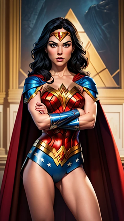 With her feet together and her arms crossed over her chest, Wonder Woman stands strong and resolute. Her cape flows behind her, and her eyes are fierce and unwavering, embodying the classic look of an iconic superhero.