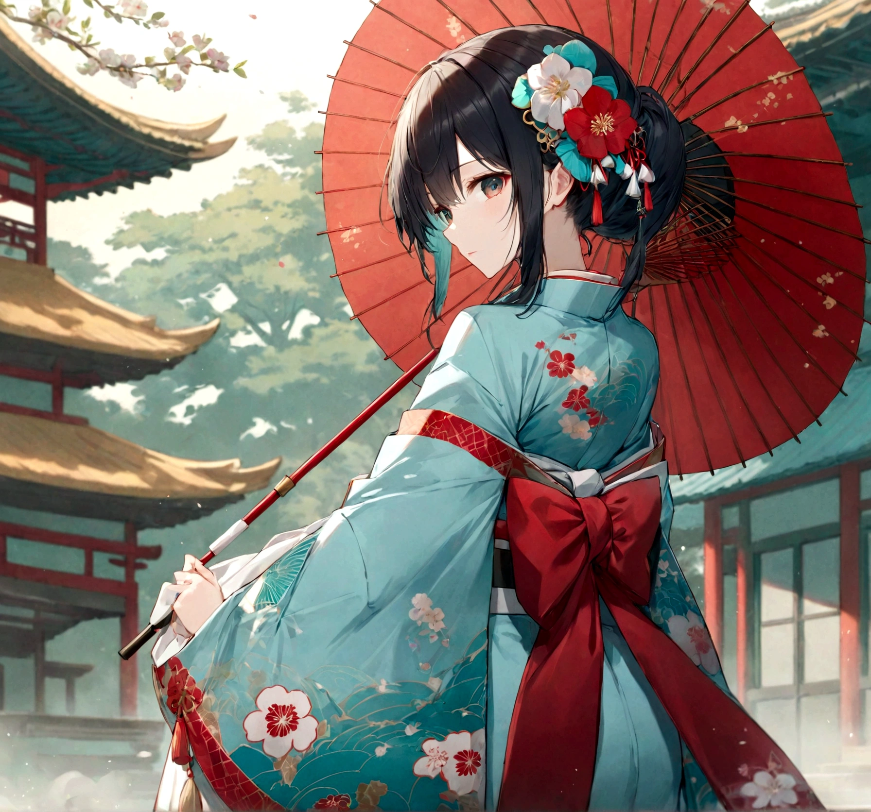 A woman in a blue kimono holding a parasol。Heian period。Red Umbrella。Standing with your back turned。Angle from the back。Hatsune Miku with black hair。
