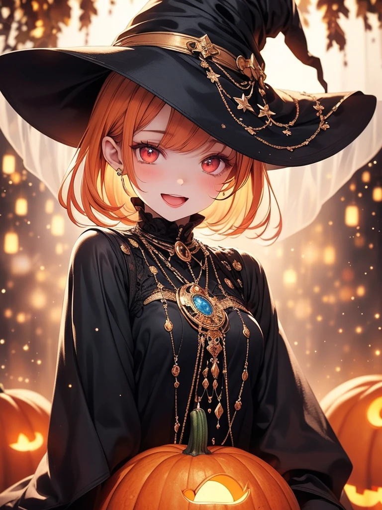 (​masterpiece),(top-quality:1.2),(perfect anatomy),(1 girl in witch hat:1.2),beautiful detailed red eyes,orange hair,sitting on very large pumpkin,(Highly detailed elegant),open mouth,smile, Magical colors and atmosphere, Detailed skin,The background is soft and blurry,Add a dramatic and symbolic element to your scene, Written boundary depth, Bokeh, Silky to the touch