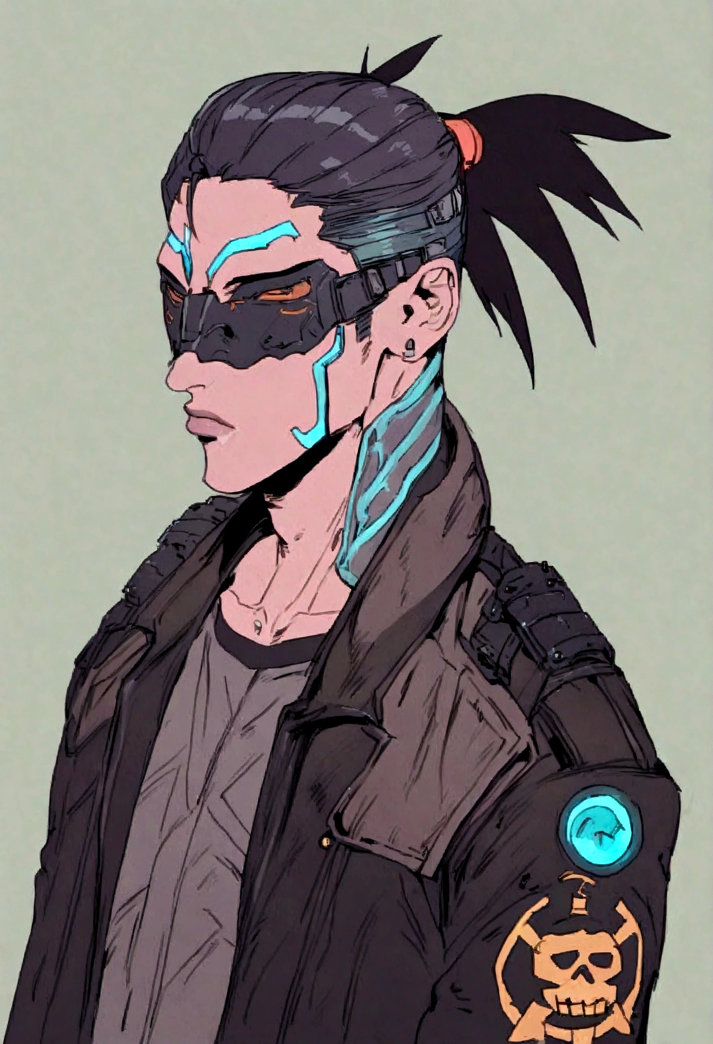 a drawing of a man with a black outfit and mask, estilo de arte desconhecido, inspired by Kawabata Ryūshi, capanga de rua cyberpunk, cara ciberpunk, soldado ciberpunk, cyberpunk hero, fanart oficial, vestindo techwear e armadura, fanart de alta qualidade, post-apocalyptic vibes, acionar estilo de arte de anime, fanart detalhada, uniforme jk, fanart requintada altamente detalhada, but in profile photo, do busto para cima, dos ombros para cima.