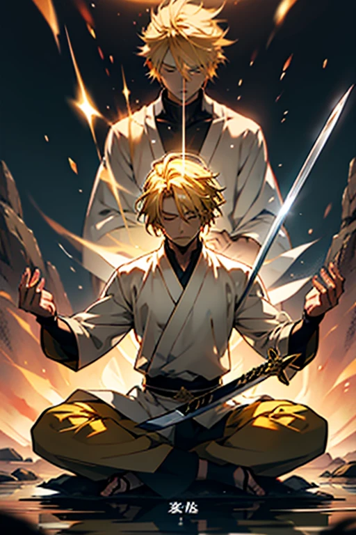 Anime guy with blonde hair summoning a sword out of light magic while meditating then fighting, manga page with panels and dialogue