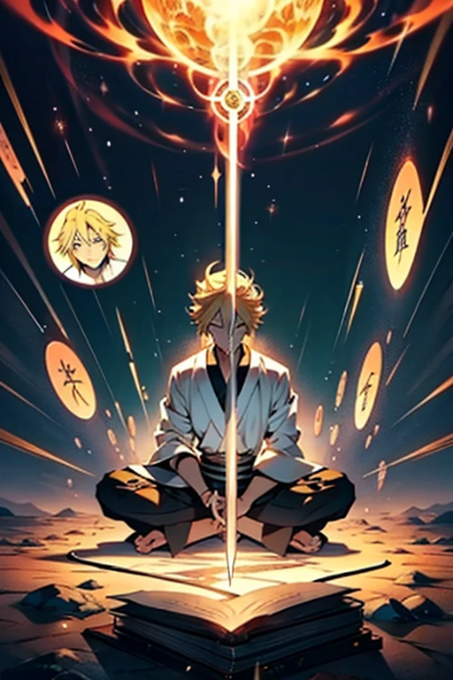 Anime guy with blonde hair summoning a sword out of light magic while meditating then fighting, manga page with panels and dialogue 
