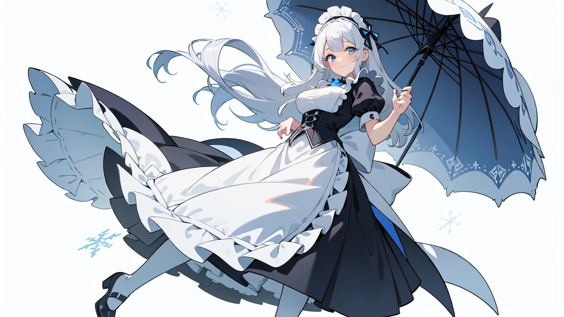 masterpiece, best quality, super high quality, 1 Girl, Solitary, young people,Sister white hair、Long curly hair,grace,Large Breasts,, Gentle eyes,Sexy,Look at the camera,Theme is blue、Perfect human body、Christmas Eve、Wearing a Christmas outfit with lots of ruffles.、Victorian Santa Costume,ta,Snow-white furry shawl,blue snowflake totem,Smile、 (((long skirt)))、Hair accessories、about、Black pantyhose、falling snowflakes、large hat,maid apron,maid outfit,Blue and white tones, whole body, permanent, Vision, dynamic poses, ,Detailed hands, White background, Simple background,Winter atmosphere