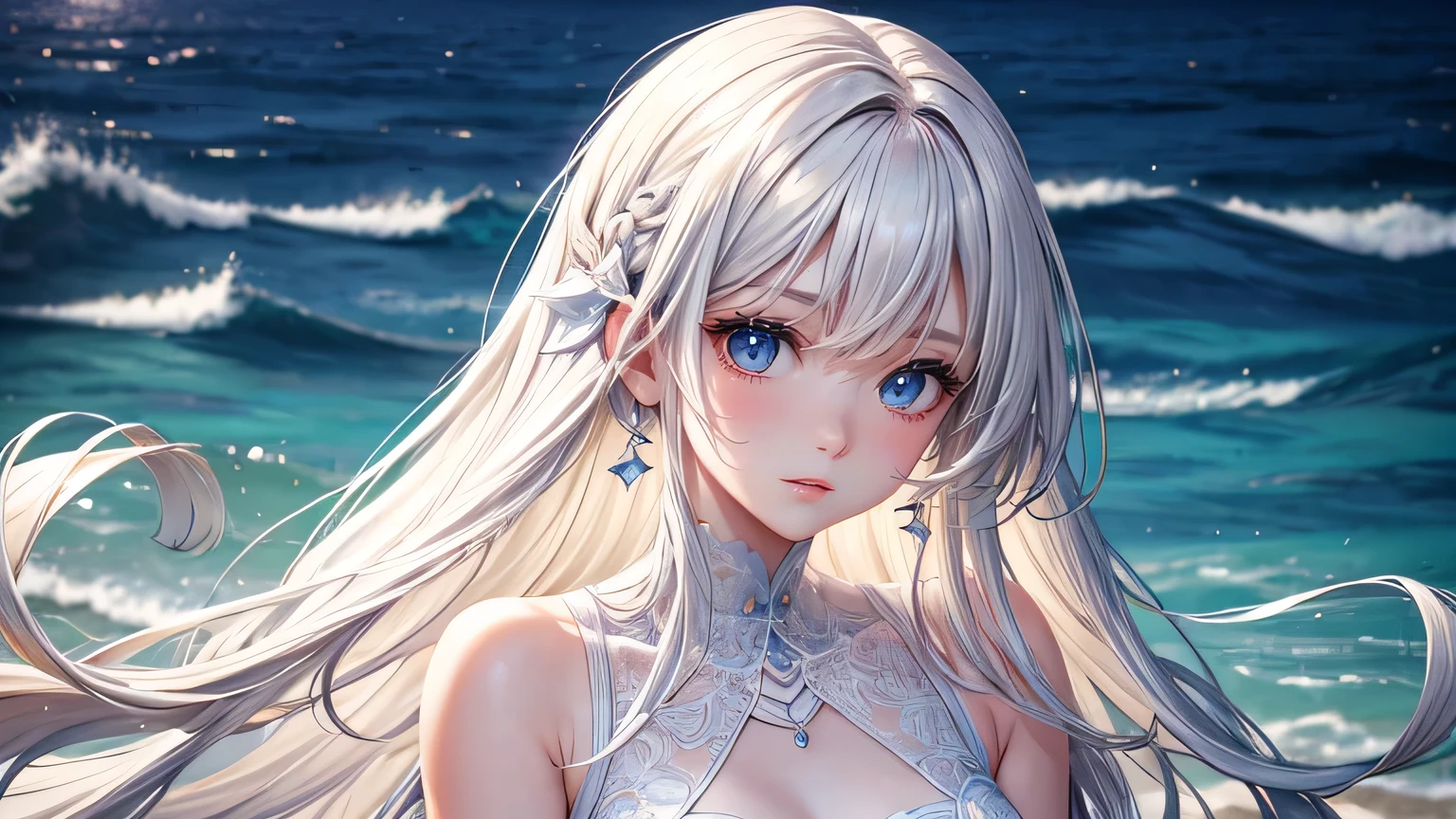 Beautiful woman 1.3, Beautiful Hair: 1.2, , Ocean: 1.2,Ocean shore in the evening,beach: 1.1, Ultra-high resolution, Accurate, Super detailed, Textured skin, High detail, highest quality, 8k,Thin bangs,Upper Body,Well-drawn eyes, Focus on the face,White dress,Detailed hair depiction,Detailed depiction of eyes、Detailed depiction of hair、