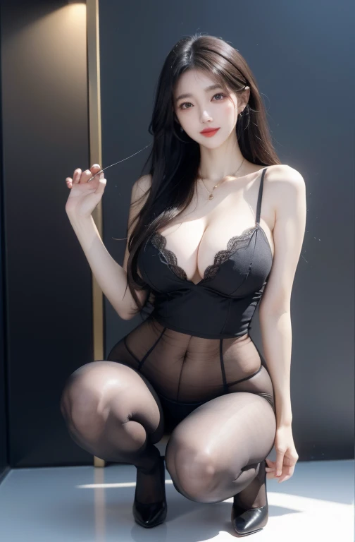 office、Beautiful and moving woman，Dark brown hair，loose waves，Huge breasts，Wear a gold necklace，Facial details and skin textures are beautifully rendered，Exquisite eyes，Double eyelids，穿着Flesh-colored pantyhose，Flesh-colored pantyhose，Wear transparentFlesh-colored pantyhose，Wear transparent, 全长Flesh-colored pantyhoseFlesh-colored pantyhose，curls，put，Huge breasts，Thin waist，wear high heel shoes，squat，Open your legs，Smile，Loyal female secretary，focus on everything,Very obedient，付出型性格和Likeable的个性，Obedient personality、Likeable，Absolute obedience，Absolute obedience，Waiting for command