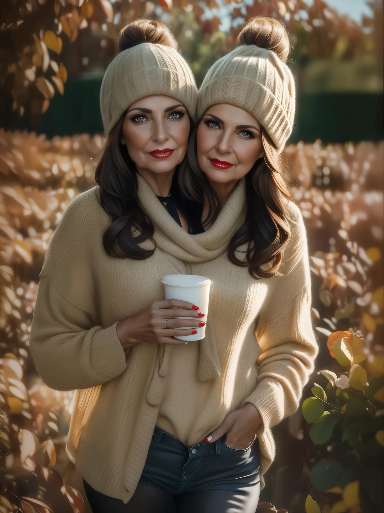 2 heads,Portrait of a 60 year old woman with brown hair, a captivating gaze, Brown eyes, Wrinkles on her face, Black pantyhose,She wears very sexy lingerie that reveals her big sagging breasts, Light makeup and red lips. 32K