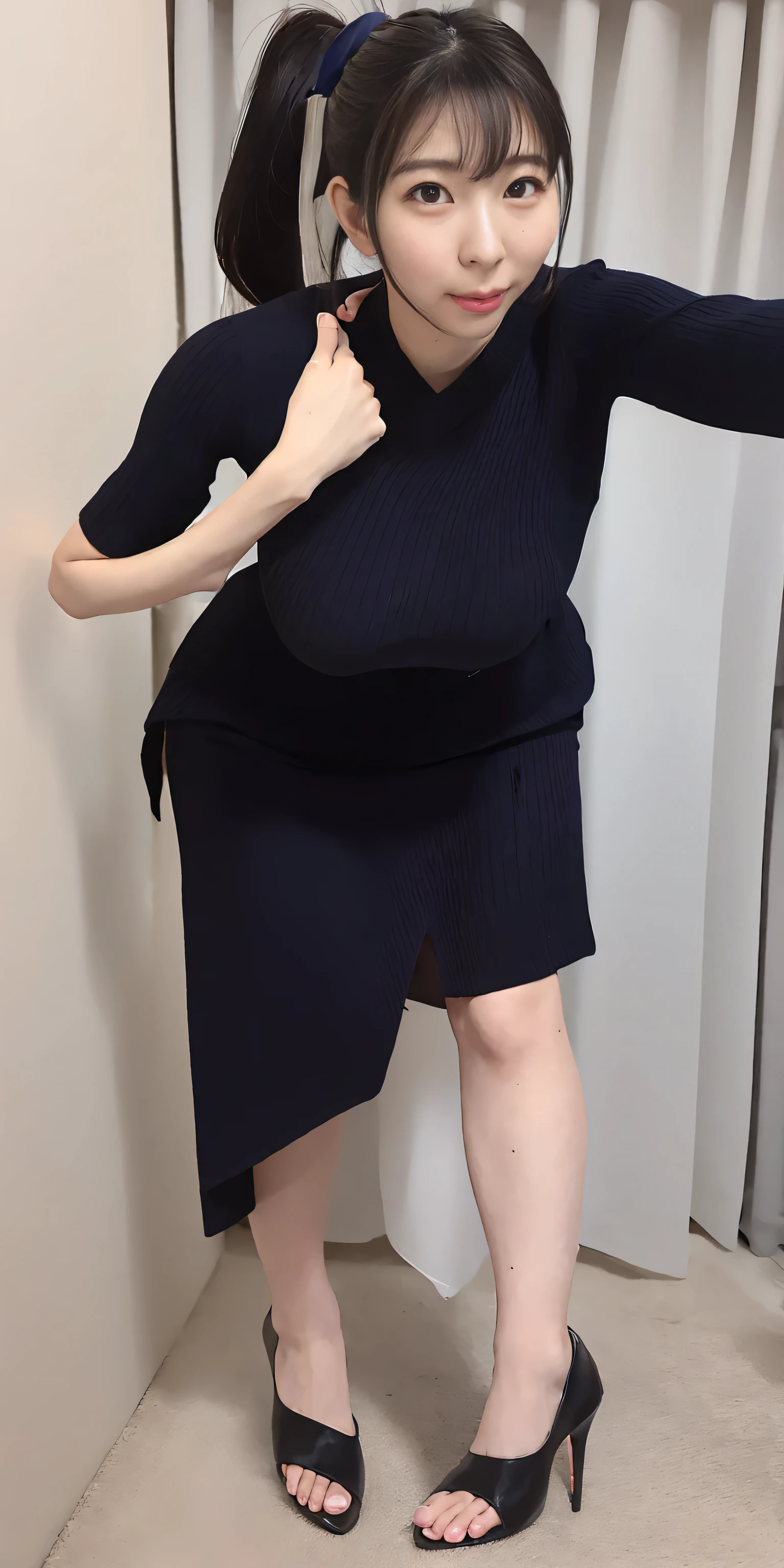 Japanese maid, Mature Woman, ((Slightly thicker, Round face, about 30)), Wavy black hair with no bangs, Long Hair, Twin ponytail, Flashy makeup, Fuller lips, Sexy Gaze, uniform, ((dressing)), Looking into the camera, Low angle shooting, Cute duck mouth,((Extremely precise and accurate anatomy)), (masterpiece:1.43), Perfect balance, Realistic photos, Full Shot, whole body, (height: 178cm), High heels Has two legs,Has two arms、Has two legs, You need two arms))
