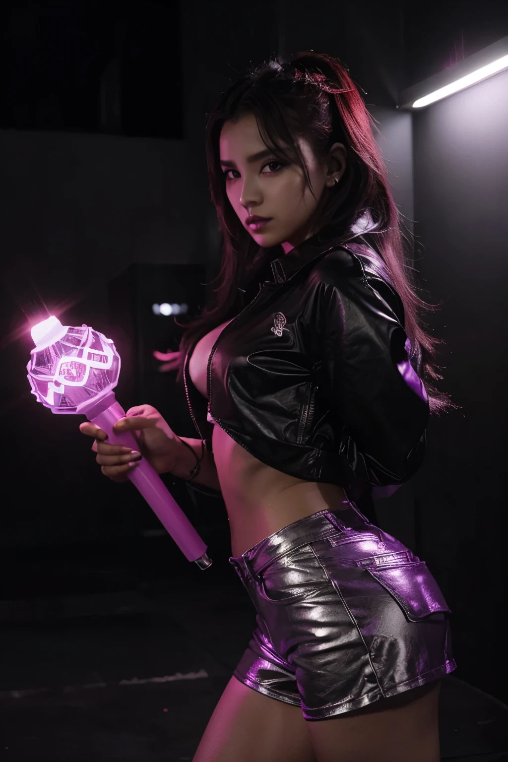 Lightstick para um grupo de bpop boss bad girls com cores preto roxo e dourada com uma luz led vermelha