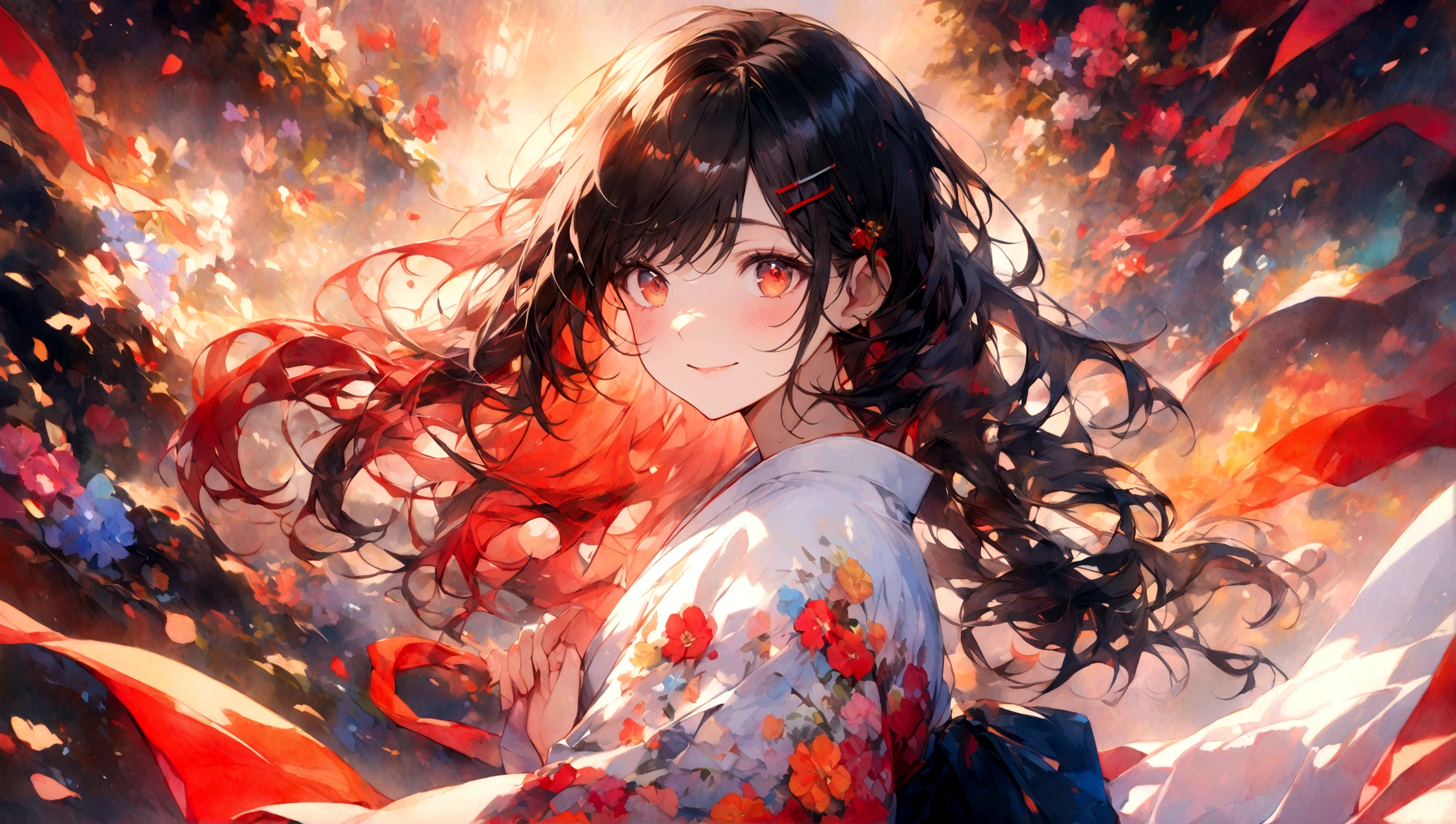 Masterpiece, Committed to ultra-high definition and vivid colors, Super detailed, Attention to detail, highest quality,, Beautiful watercolor painting, 18-year-old, woman, Dressed in a gorgeous red and white kimono, Her hair is held in place by a red hair clip, Black Hair, She is smiling with a very beautiful expression, The background is filled with colorful flowers, which fill the entire screen.