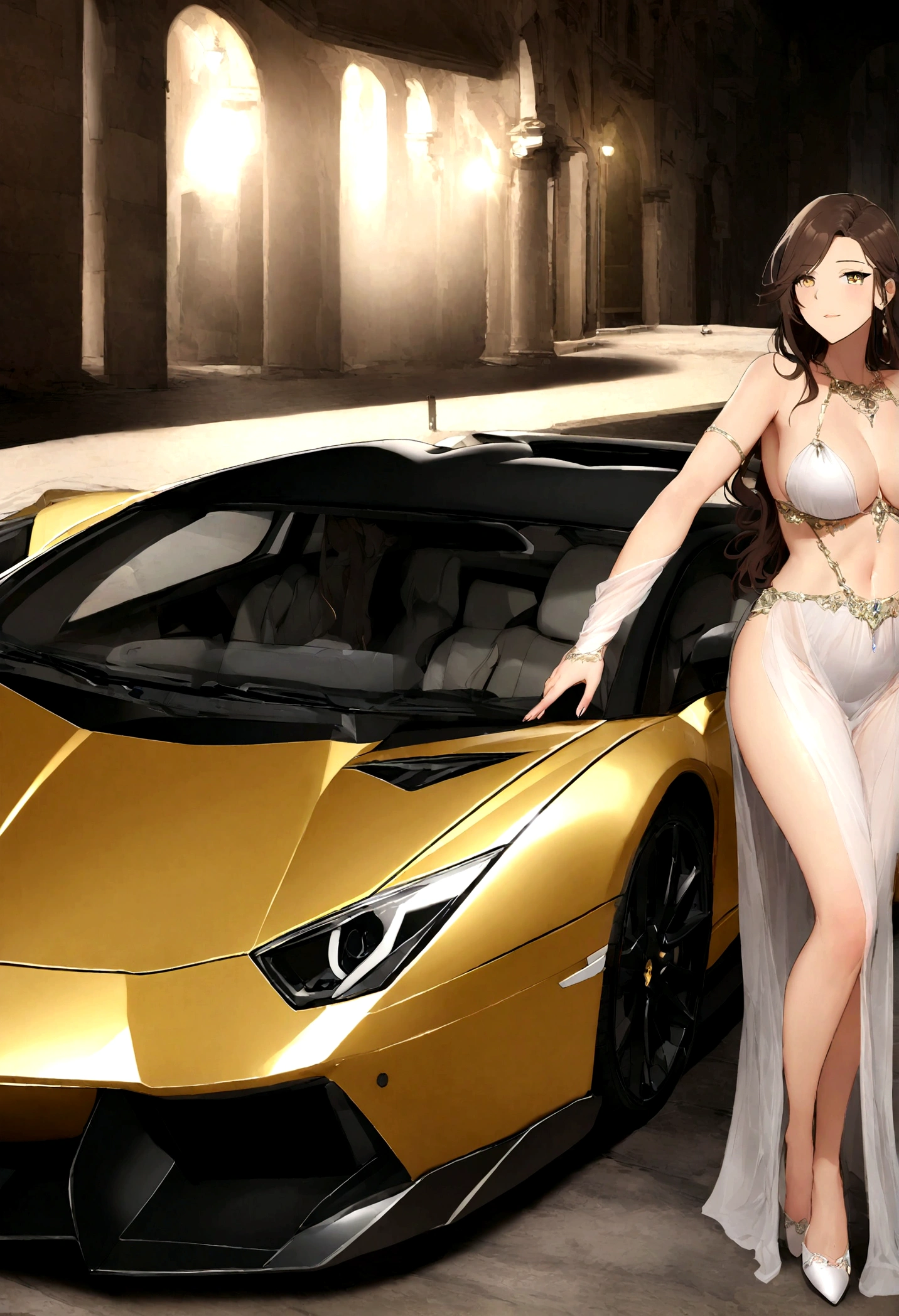 Create me a really super sexy brunette girl with an Arabian beauty with light brown eyes , Size 1,72 cm, langes schwarzes Haar, in Lamborghini Aventador am Steuer