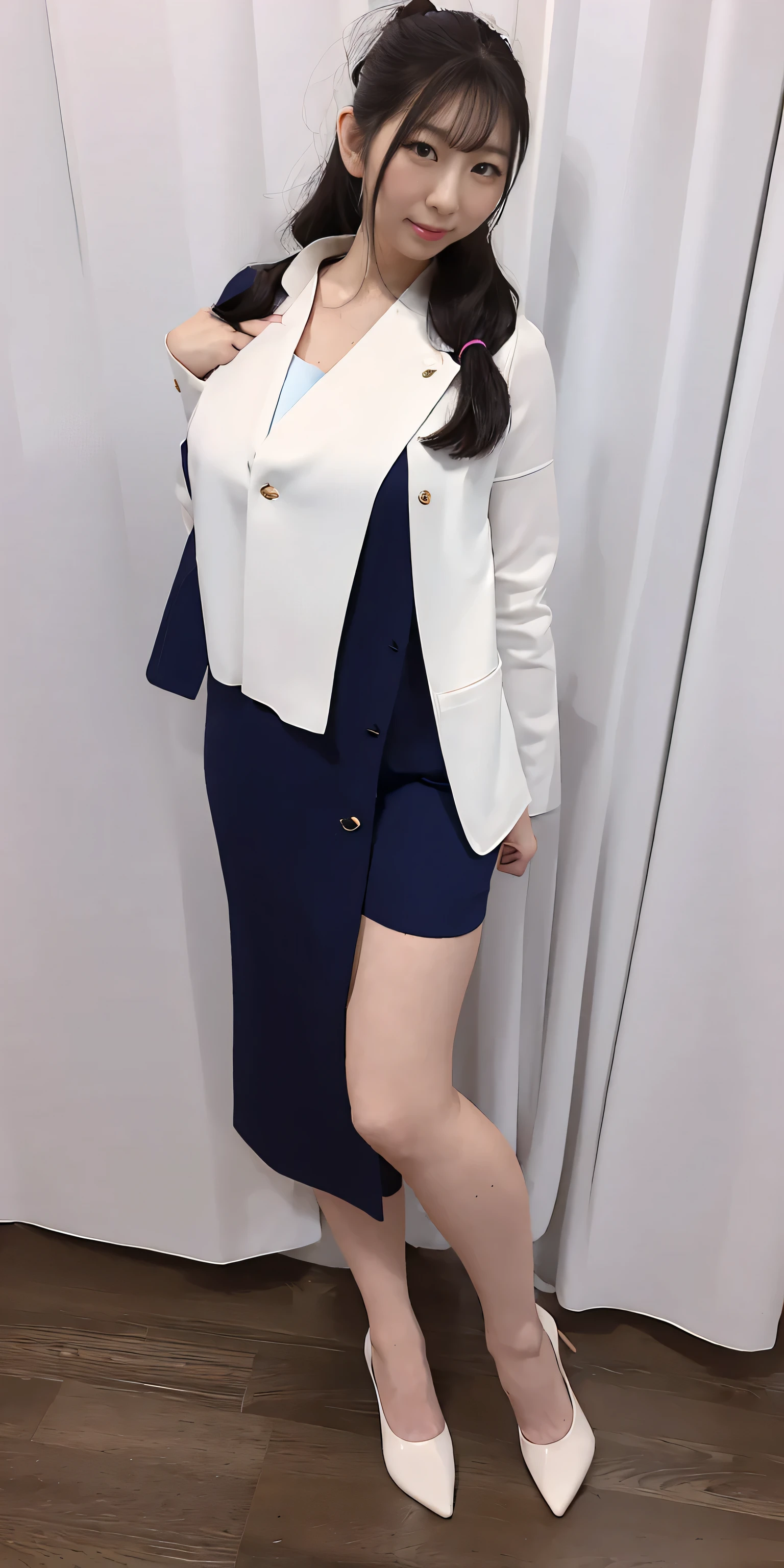 Japanese maid, Mature Woman, ((Slightly thicker, Round face, about 30)),  Wavy black hair with no bangs, Long Hair, Twin ponytail, Flashy makeup, Fuller lips, Sexy Gaze, uniform, ((dressing)), Looking into the camera, Low angle shooting, Cute duck mouth,((Extremely precise and accurate anatomy)),  (masterpiece:1.43), Perfect balance, Realistic photos, Full Shot, whole body, (height: 178cm), High heels Has two legs,Has two arms、Has two legs, You need two arms)) 