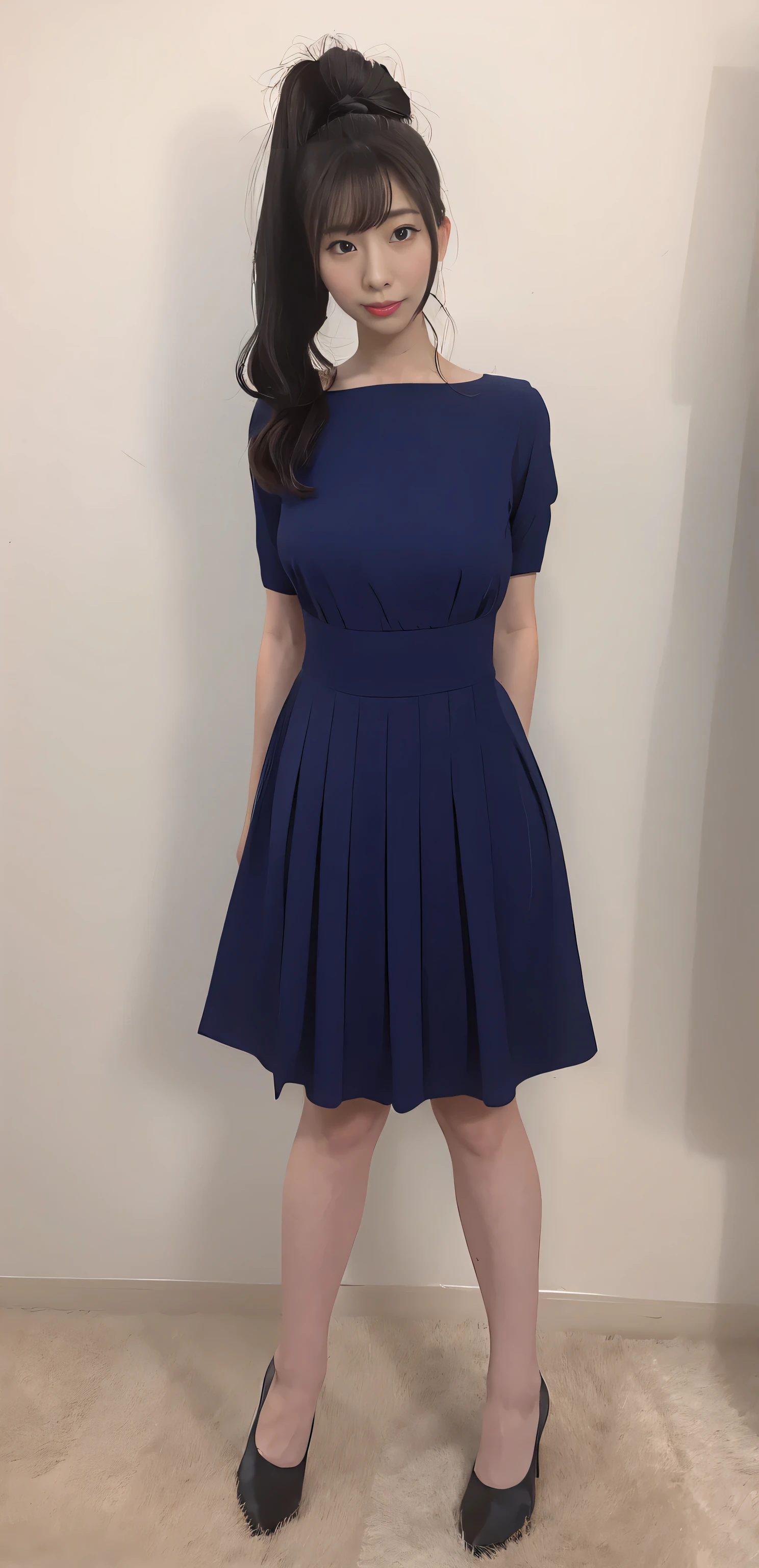 Japanese maid, Mature Woman, ((Slightly thicker, Round face, about 30)), Wavy black hair with no bangs, Long Hair, Twin ponytail, Flashy makeup, Fuller lips, Sexy Gaze, uniform, ((dressing)), Looking into the camera, Low angle shooting, Cute duck mouth,((Extremely precise and accurate anatomy)), (masterpiece:1.43), Perfect balance, Realistic photos, Full Shot, whole body, (height: 148cm), High heels Has two legs,Has two arms、Has two legs, You need two arms))