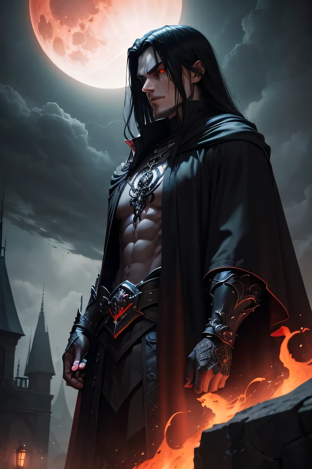 a dark muscular male evil lord, long flowing black hair, black and red cloak, piercing red eyes, menacing expression, powerful aura, standing in a dimly lit chamber,, casting eerie shadows, , adorned with intricate details, with a sinister grin, exuding an aura of darkness, with an intimidating presence, in a gothic castle, with imposing architecture, shrouded in mist, under a blood-red moon, with a storm brewing in the background, creating a foreboding atmosphere, reminiscent of a dark fantasy novel cover, with a dramatic lighting, emphasizing the contrast between light and shadow, evoking a sense of mystery and danger, with a touch of supernatural elements and captivating artistry."