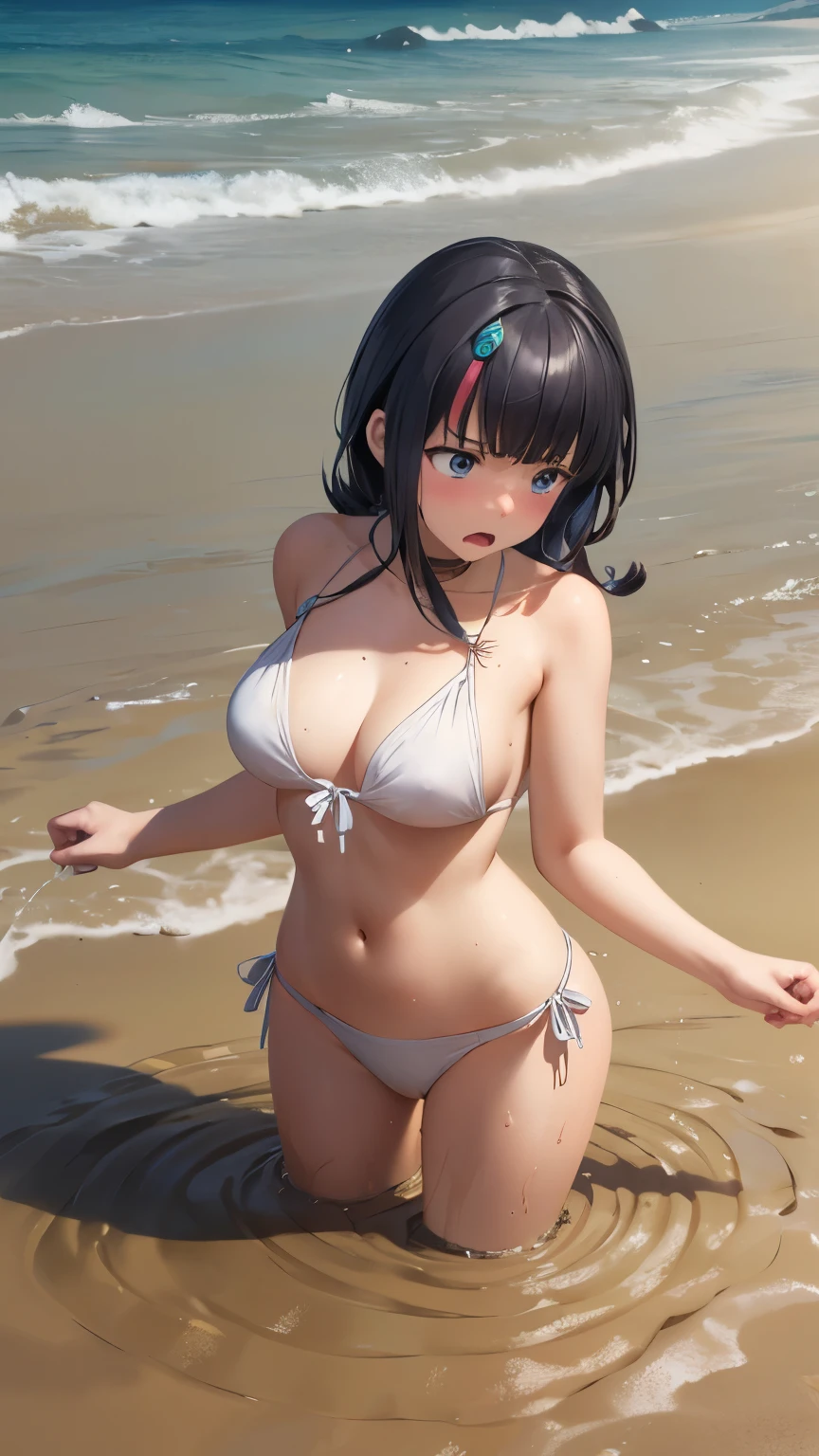 masterpiece, great quality, ultra detail, illustration, game cg, 1girl, solo, (FGOErice), blush, (swimsuit), (upset), (quicksand:1.3), beach