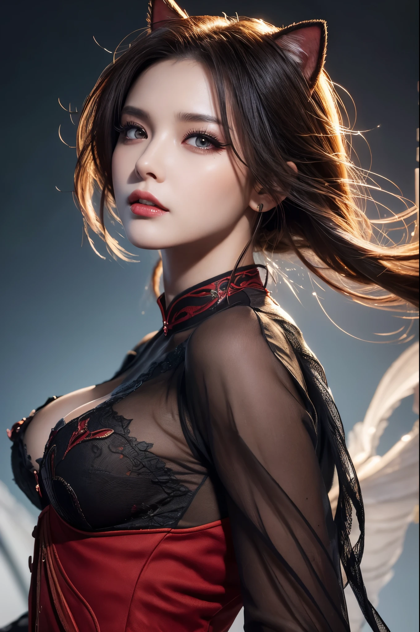 8K,Fanged Demon,凶悪なangerの表情,Perfect Anatomy,charm,Volume measurement,Body balance,Digital single-lens reflex camera, Soft lighting, Detailed Background, Written boundary depth, Volumetric lighting, Sharp focus, Absurd, Realistic proportions, Excellent anatomy, (Realistic, 超Realistic:1.4), 16K HDR, dawn,A High Resolution,super Realistic 肌,Super beautiful expression,Fantasy art,Character Art,Wind effects:1.9、Cloud Effect:1.2、Full Rendering、Professional quality high resolution、Perfect contrast、Perfect lighting、Perfect composition、Perfect Skin、Perfect Fingers、Perfect breasts、Perfect Hair、Perfect Face、Realistic facial features,super highest quality,Slim figure,Perfect body line,Perfect hand shape,Anatomical body balance,Highly detailed face,Highly detailed eyes,Beautiful Lips,Excellent light particles,Cinema Lighting,Devil makeup,Ultra-high resolution,Ultra-Realistic Skin,A strong and well-trained body,Cat's eyes shine,anger,anger,releases a large amount of energy,