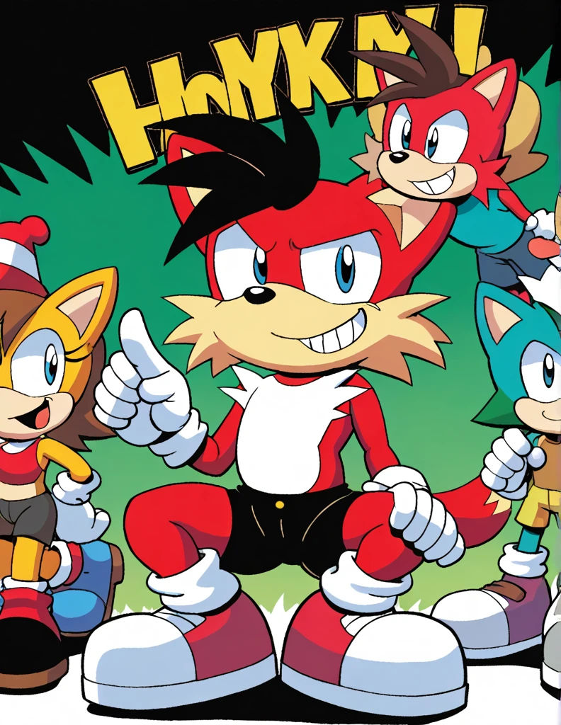 anthro fox is sitting down in a squatting position, wearing black swimming shorts. And has thick thighs, He has a smug and happy expression on his face, with a big cheesy grin and a mischievous glint in his eye. The cartoon style is reminiscent of Chuck Jones' work from the 1980s, with bold outlines, simple shapes, and bright colors that pop on the page. The background is minimally detailed, with plain grass and a sunny sky