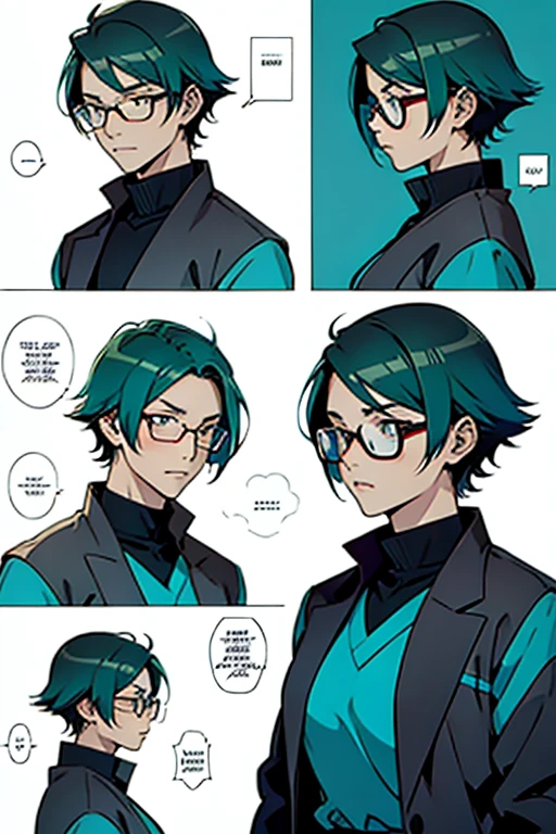 Anime girl with short teal hair and glasses, talking seriously , manga page with panels and dialogue