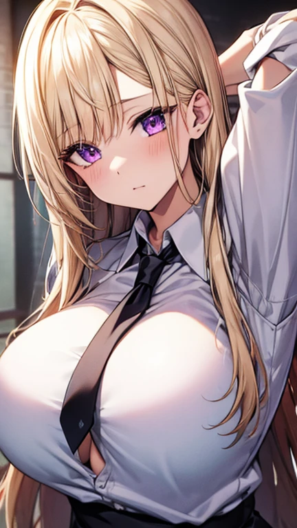 1girl, breasts, purple eyes, solo,  blonde mesh hair, bangs, long hair, shirt,  white shirt, huge breasts, 