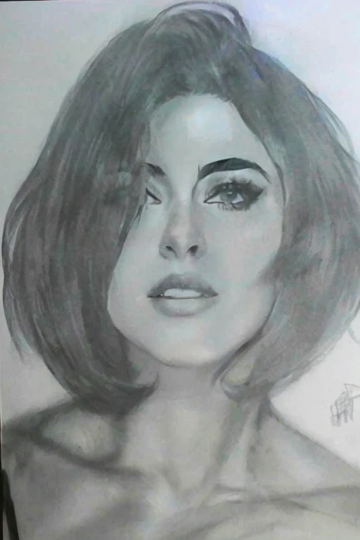 desenho de uma mulher com cabelo curto e delineado preto, retrato de Lady Gaga, realistic sketch, art sketch, Retrato de Salma Hayek, de arte, sketch art, inspirado em Dora Maar, artist sketch, retrato de Haifa Wehbe, inspirado em Pia Fries, fine art sketch, professional sketch, high quality sketch art, retrato de katy perry