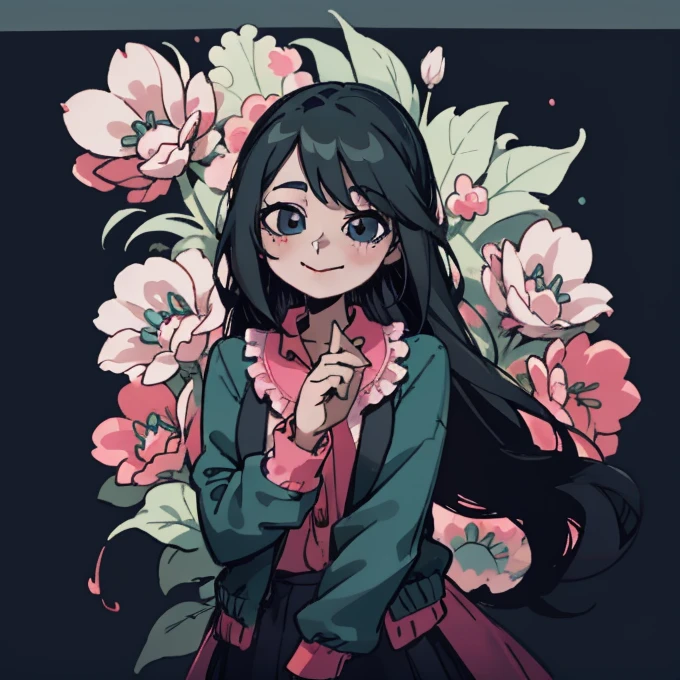 Light teal background, long black hair, black eyes, cardigan, frilly blouse with black ribbon, pink flowers in background, teal leaves, cheerful smile, pink floww4s