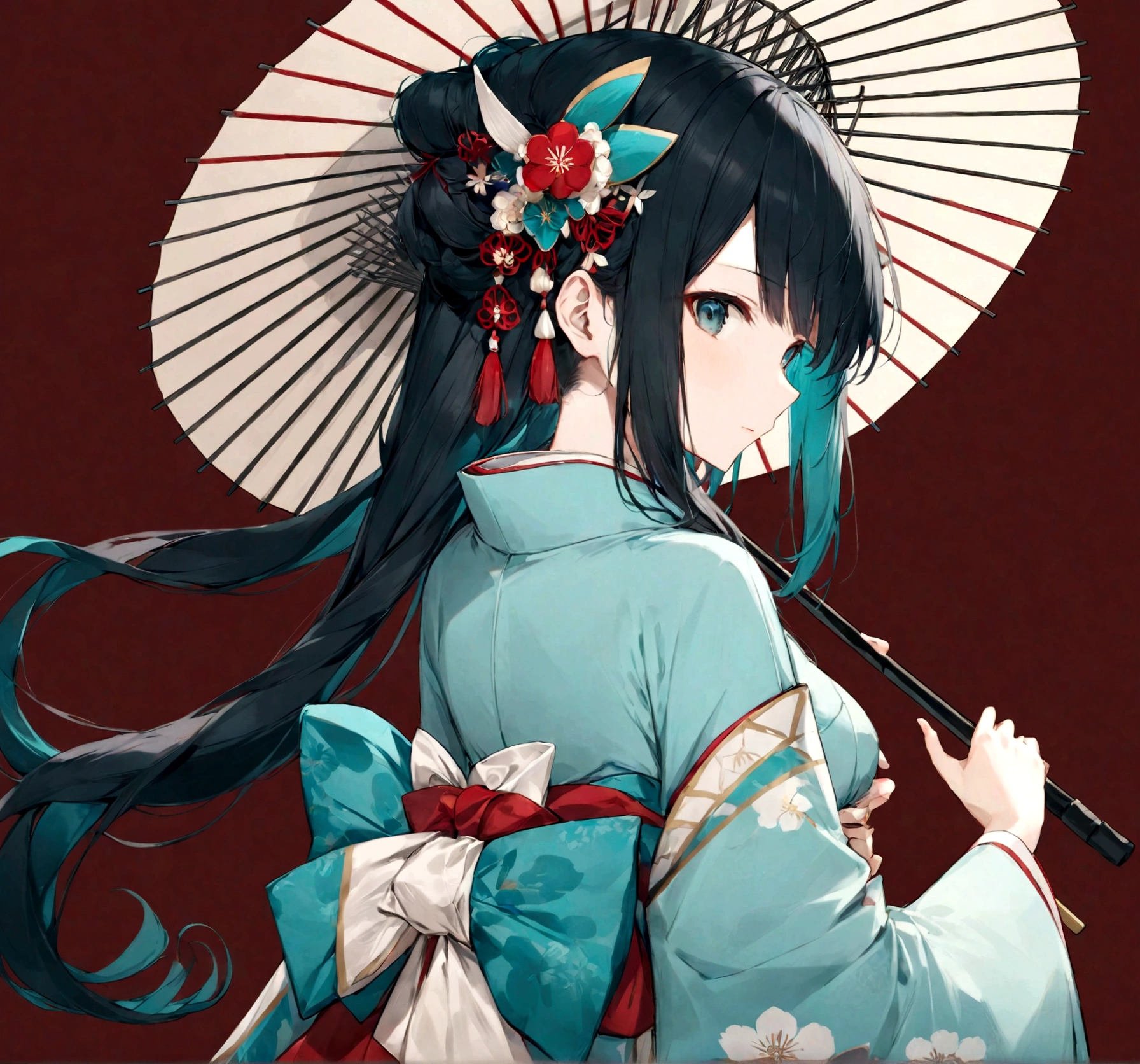 A woman in a blue kimono holding a parasol。Heian period。Red Umbrella。Standing with your back turned。Angle from the back。Hatsune Miku with black hair。