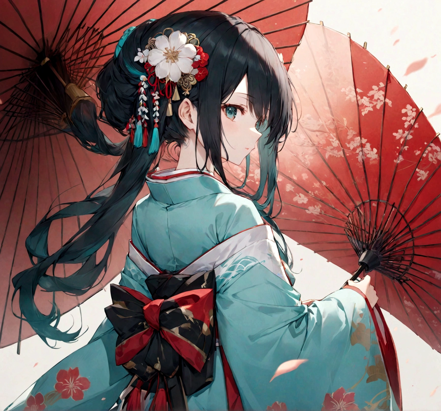 A woman in a blue kimono holding a parasol。Heian period。Red Umbrella。Standing with your back turned。Angle from the back。Hatsune Miku with black hair。