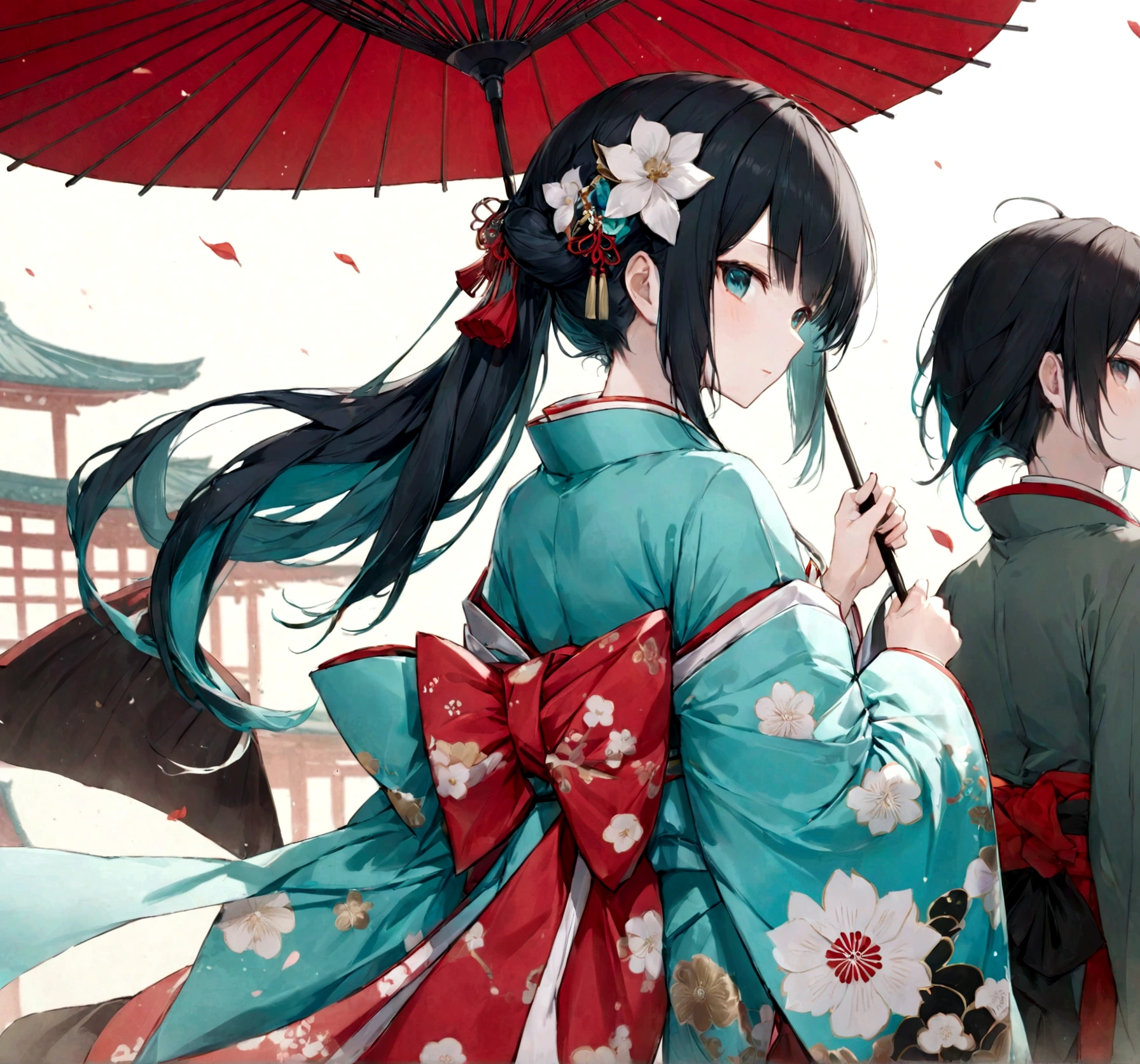 A woman in a blue kimono holding a parasol。Heian period。Red Umbrella。Standing with your back turned。Angle from the back。Hatsune Miku with black hair。