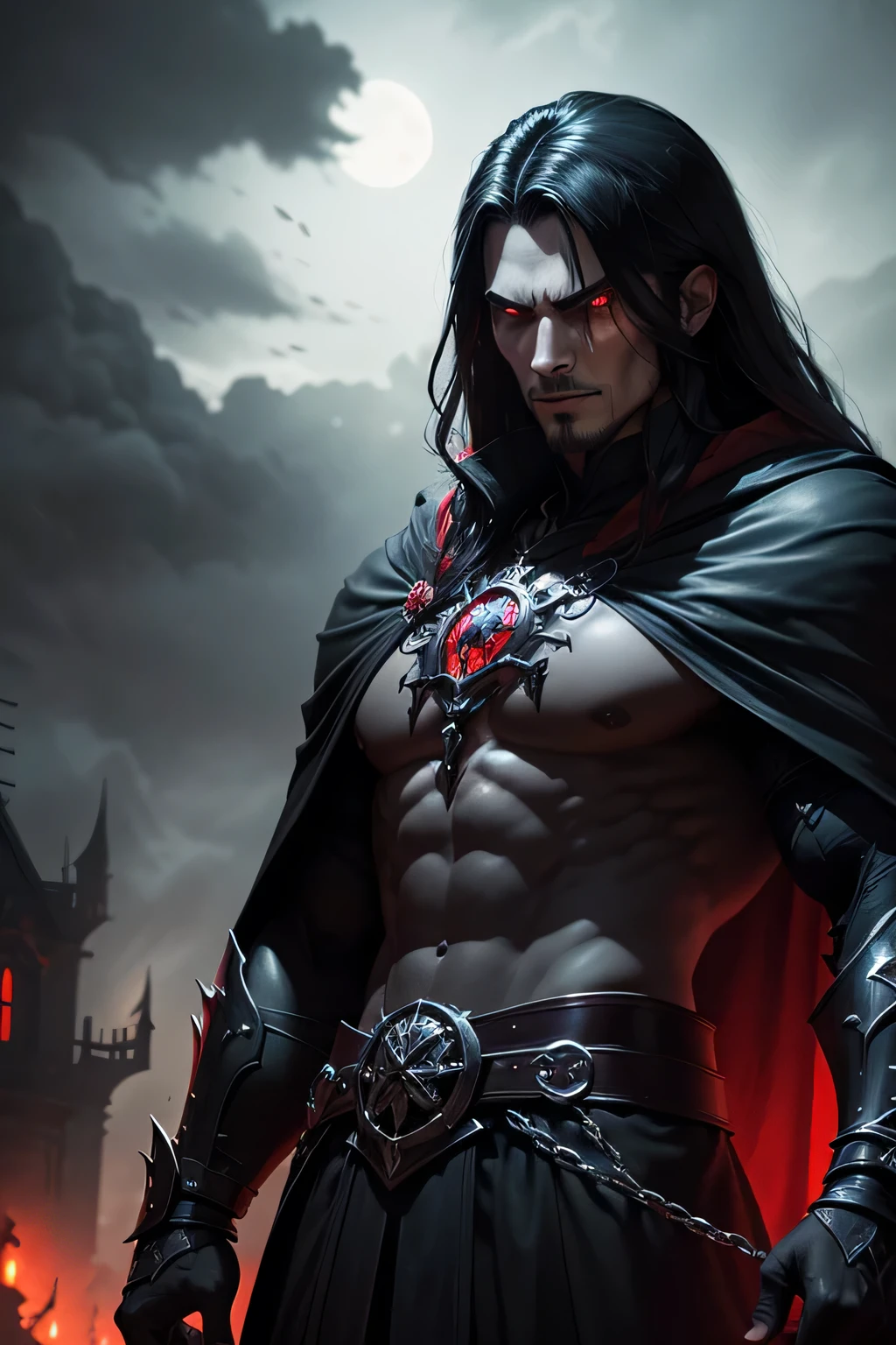 a dark muscular male evil lord, long flowing black hair, black and red cloak, piercing red eyes, menacing expression, powerful aura, standing in a dimly lit chamber,, casting eerie shadows, , adorned with intricate details, with a sinister grin, exuding an aura of darkness, with an intimidating presence, in a gothic castle, with imposing architecture, shrouded in mist, under a blood-red moon, with a storm brewing in the background, creating a foreboding atmosphere, reminiscent of a dark fantasy novel cover, with a dramatic lighting, emphasizing the contrast between light and shadow, evoking a sense of mystery and danger, with a touch of supernatural elements and captivating artistry."