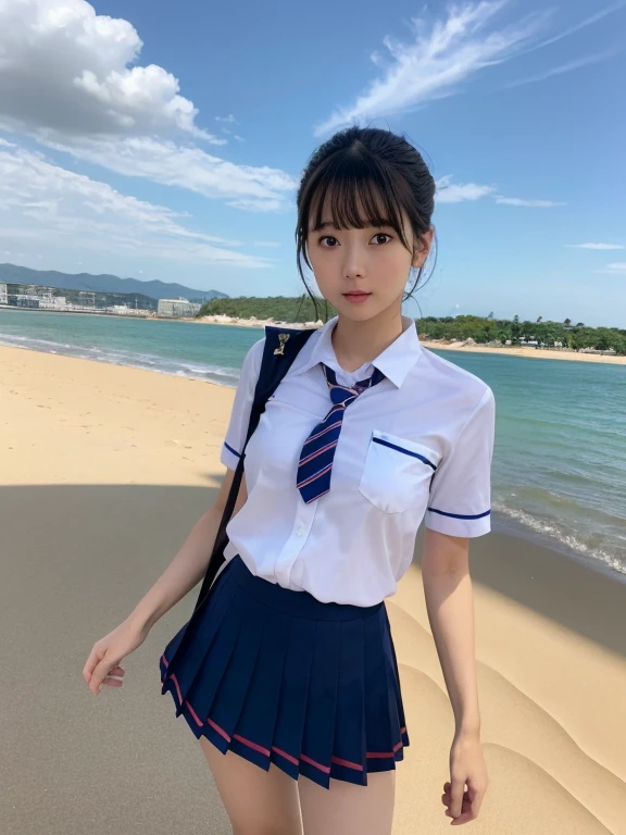 (RAW Photos:1.2), (Realistic:1.4), Beautiful detailed girl, Very detailed eyes and face, Beautiful details, Ridiculous, incredibly Ridiculous, Large file size, Very detailed, High resolution, Very detailed, highest quality, masterpiece, kemomimi, ((Japanese  girl uniform)),Short sleeve、 shape, Very detailed, CG, Unified, 8k wallpaper, wonderful, Fine details, masterpiece, highest quality, Very detailed CG uniform 8k wallpaper, Light on the face, Cinema Lighting,( One Girl),Feeling Face、（Big Ass）、(full body shot)、Red tie、Dark blue pleated skirt、(windy)、(beach)、（Ample breasts）、24-years-old、very,short hair、Short sleeve、Shiny black hair、finger to mouth