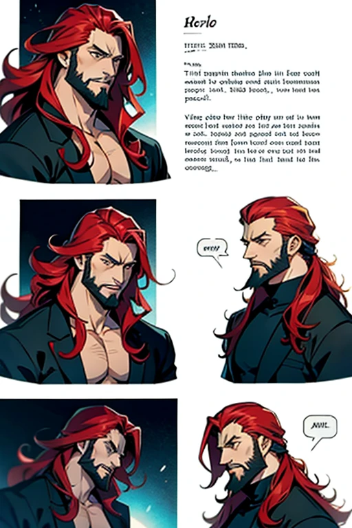 Anime guy with long red hair and beard , manga page with panels and dialogue