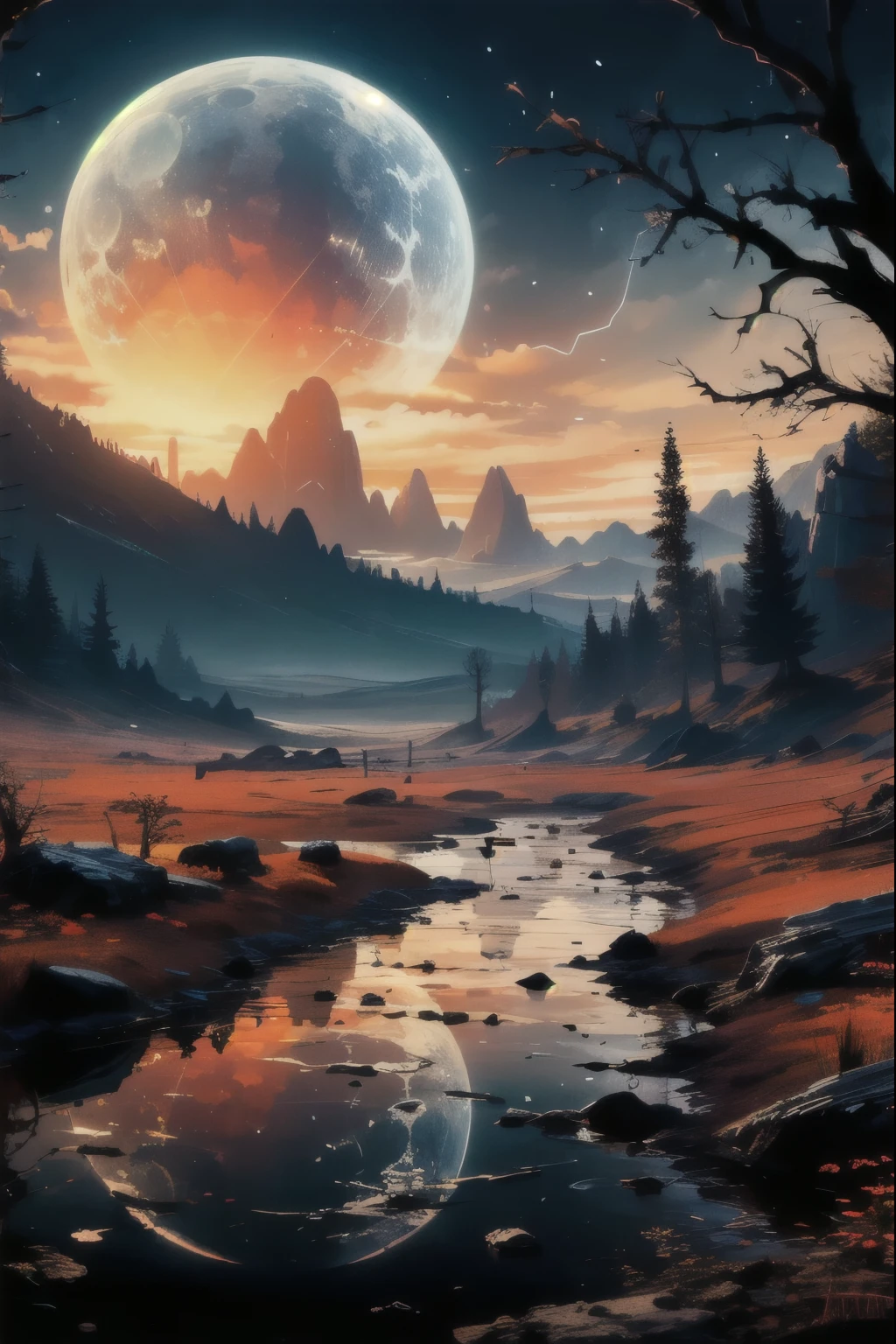 (realista:1.5) EdobHorrorPaisagem , olhando para o espectador, Horror (tema), horizonte montanhoso, Ruins, chifres, osso, reflection, reflexo de lente, lua, assinatura, 