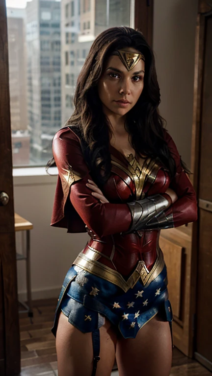 With her feet together and her arms crossed over her chest, Wonder Woman stands strong and resolute. Her cape flows behind her, and her eyes are fierce and unwavering, embodying the classic look of an iconic superhero.