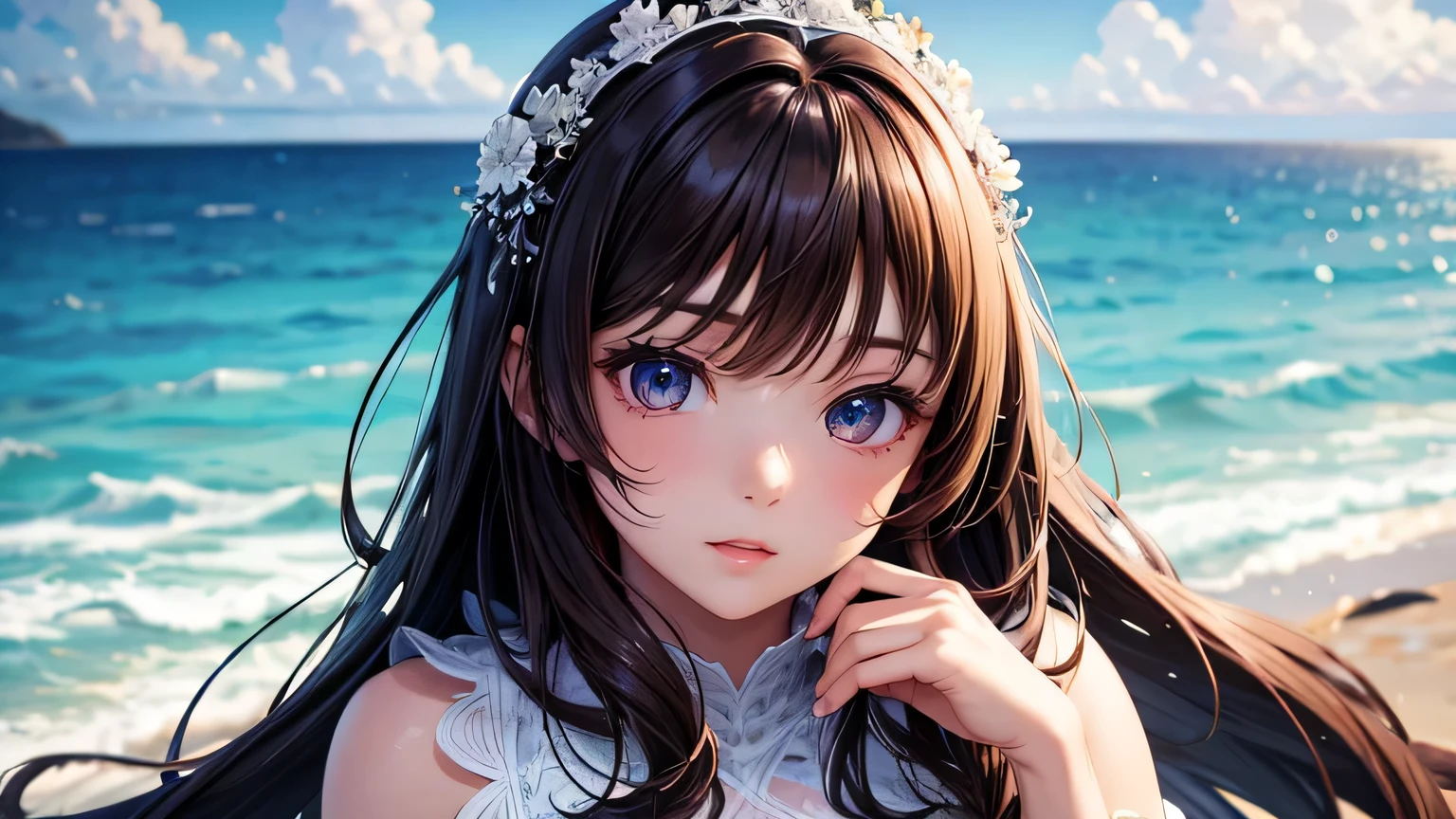 Beautiful woman 1.3, Beautiful brown hair: 1.2, , Ocean: 1.2,Ocean shore in the evening,beach: 1.1, Ultra-high resolution, Accurate, Super detailed, Textured skin, High detail, highest quality, 8k,Thin bangs,Upper Body,Well-drawn eyes, Focus on the face,Cute white dress,Detailed hair depiction,Detailed depiction of eyes、Detailed depiction of hair、