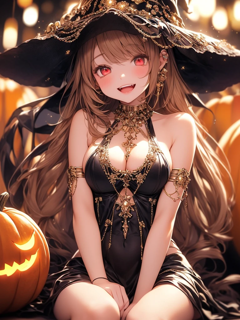 (​masterpiece),(top-quality:1.2),(perfect anatomy),(1 girl in witch hat:1.2),18yo,beautiful detailed red eyes,orange hair,sitting on very large pumpkin,(Highly detailed elegant),open mouth,smile, Magical colors and atmosphere, Detailed skin,The background is soft and blurry,Add a dramatic and symbolic element to your scene, Written boundary depth, Bokeh, Silky to the touch