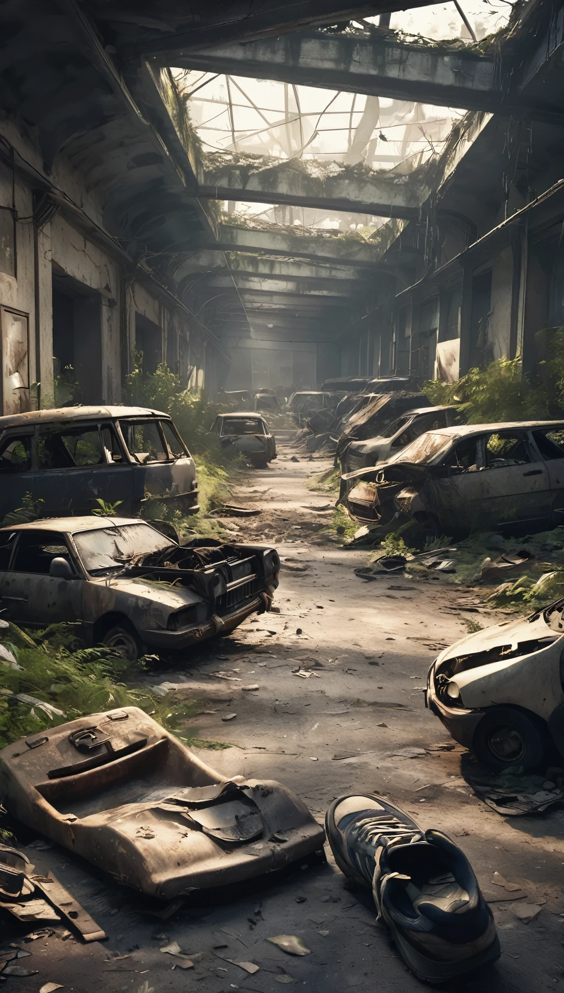 A post-apocalyptic world full of dead, Dilapidated Building, Dilapidated Street, wreckage, scattered items, Abandoned vehicles, Eerie silence, toxic atmosphere, Remains, Lush vegetation, Infrastructure is collapsing, Unforgettably beautiful scenery, Strong sunlight, Dusty air, Dramatic Shadows, Unforgettably empty eyes, Pale, lifeless skin, Shabby clothing, Worn out shoes, Roaming scavenger, despair感, Lonely, the world in Remains, despair, Uneasy silence, Lonelyな生存者, Survival instinct kicks in, The struggle for survival amid chaos, The human spirit is patient, I saw a ray of hope in the distance, A new beginning born from the darkness. (highest quality, High resolution), Apocalyptic art style, Desaturated colors, Moody lighting.