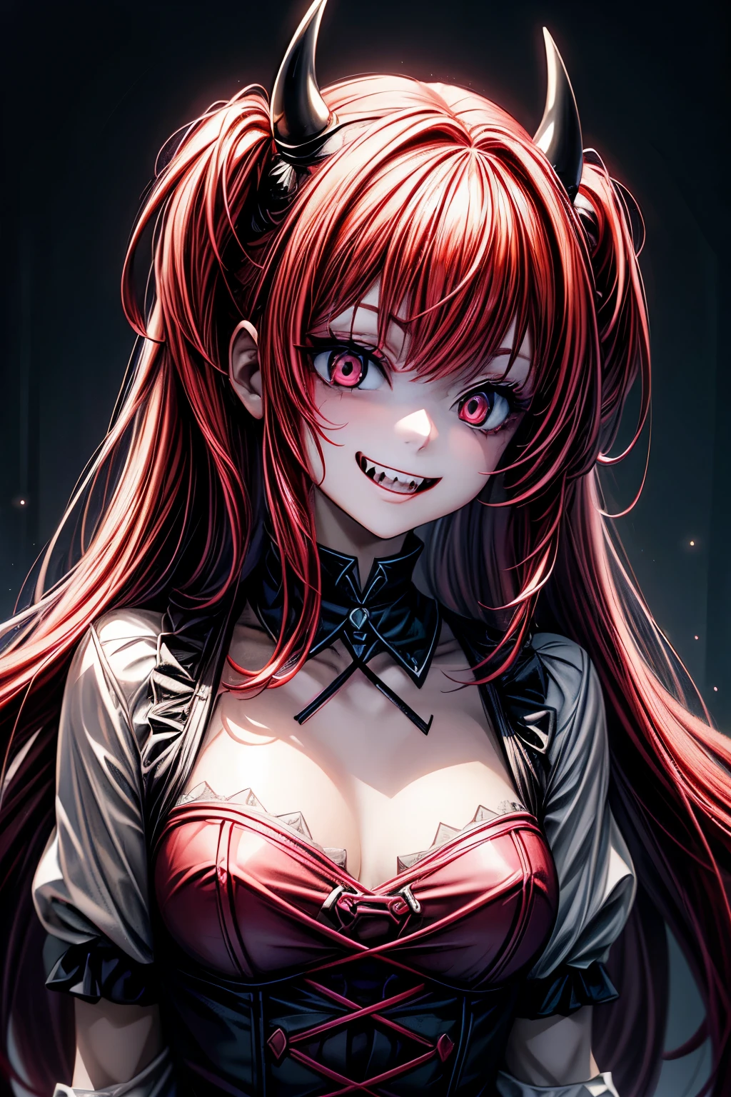 Little Devilish Girl, Red-haired twin-tailed, Creepy Smile, Double teeth, Mini Devil, Masterpiece, Committed to ultra-high definition and vivid colors, Super detailed, Attention to detail, highest quality, 8K, 16K, Exquisite detail, A style that combines romanticism and realism, High resolution, Perfect Anatomy, 