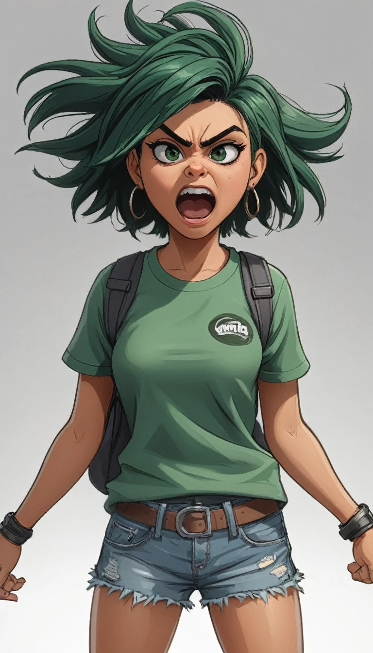 a little bad girl, 1 garota, angry expression, grandes olhos verdes exagerados, nariz pontudo, dentes afiados, Messy hair , e desgrenhado, gritante, carrancuda, Hands on hips, caricatura, estilo de desenho animado, recursos exagerados, , dynamic pose, humorous, comic, satirical, pintura digital, (melhor qualidade,4k,8K,high resolution,Obra de arte:1.2),ultra-detalhado,(realista,photorealista,photo-realista:1.37),estilo de desenho tipo da banda gorillaz,core do cabelo preto e loiro, cor das roupa em preto e amarelo ,listrada,cabelo curto.