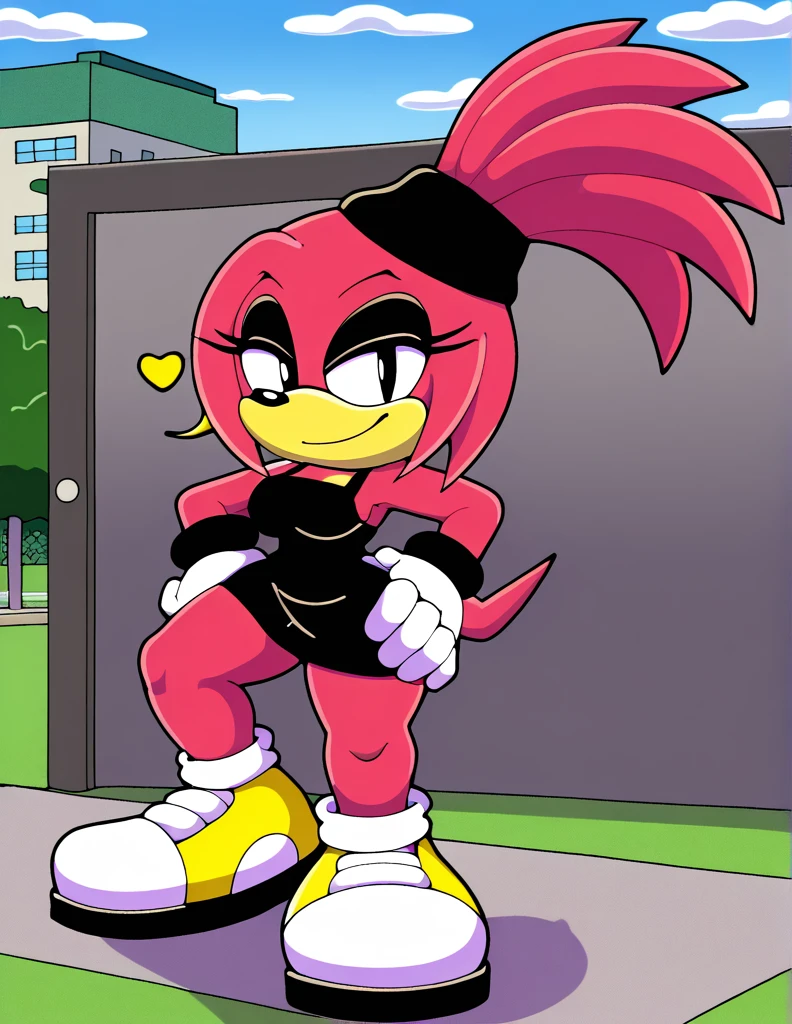 full body, Smiley face Mobian furry, seductive, bare shoulder, little black dress, thicc body, wearing black bikini, beautiful legs, sundown, park background smile, born with a Yellow Smiley face for a head, hand on hip, leg up, showing her toe in the viewer, thick thighs, 2D illustration