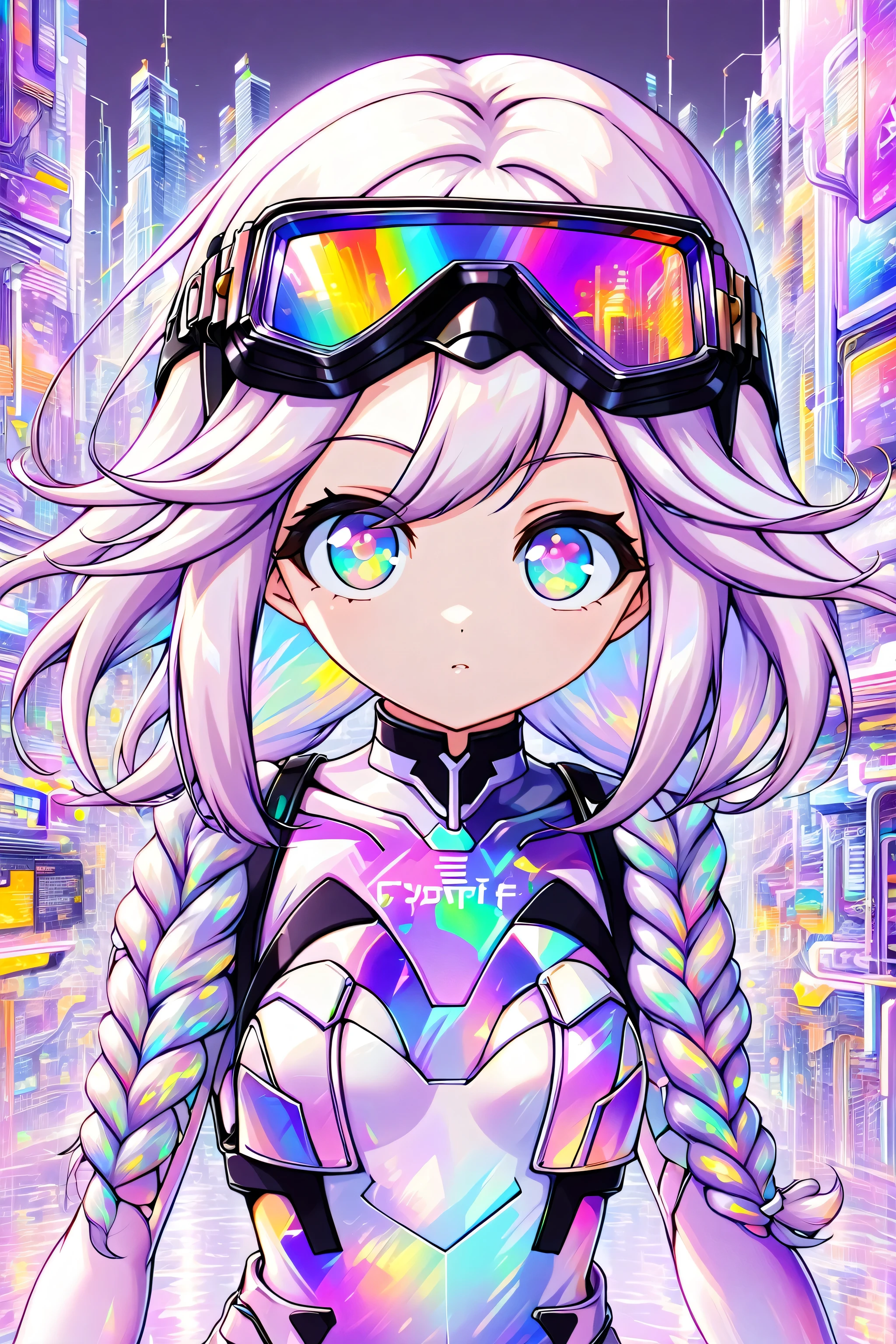 1girl, cryptic girl, Opal-style combat uniform, goggles, cyber city reflected in goggles, long purple-white gradient braids,