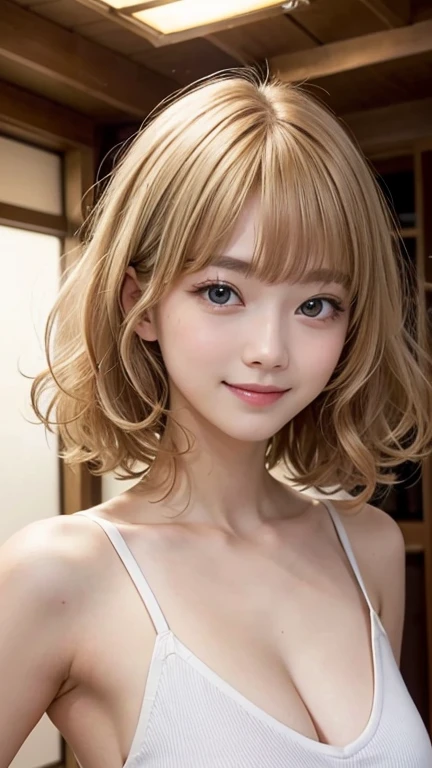 Studio Light, Written boundary depth, Upper Body, thin, cute顔, smile, Beautiful details in the eyes, 19 year old Japanese, cute, Voluminous curls and warm blonde color, Plaza, casual