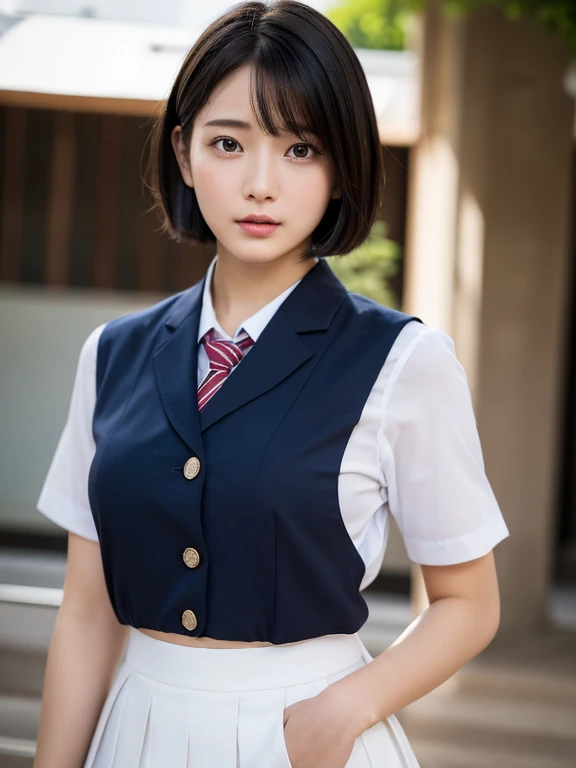 (RAW Photos:1.2), (Realistic:1.4), Beautiful detailed girl, Very detailed eyes and face, Beautiful details, Ridiculous, incredibly Ridiculous, Large file size, Very detailed, High resolution, Very detailed, highest quality, masterpiece, kemomimi, ((Japanese  girl uniform)),Short sleeve、 shape, Very detailed, CG, Unified, 8k wallpaper, wonderful, Fine details, masterpiece, highest quality, Very detailed CG uniform 8k wallpaper, Light on the face, Cinema Lighting,( One Girl),Feeling Face、（Big Ass）、(full body shot)、Red tie、Dark blue pleated skirt、(windy)、(beach)、（Ample breasts）、24-years-old、very,short hair、Short sleeve、Shiny black hair、The gesture of tucking hair behind the ear