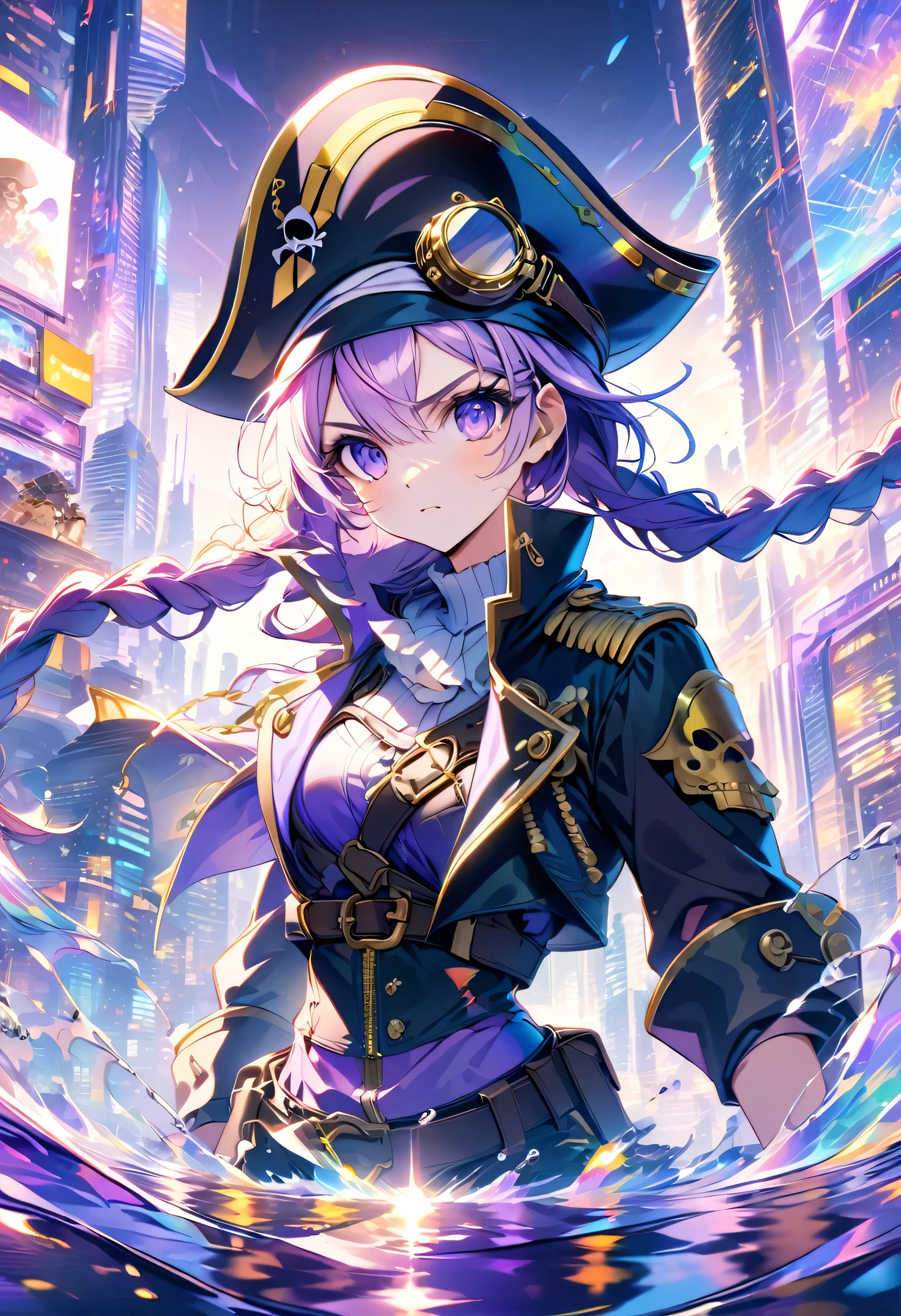 Pirates-style combat uniform, Pirates-style hat, goggles of the Pirates' Star, cyber city reflected in the goggles, long braids in purple-white gradient,