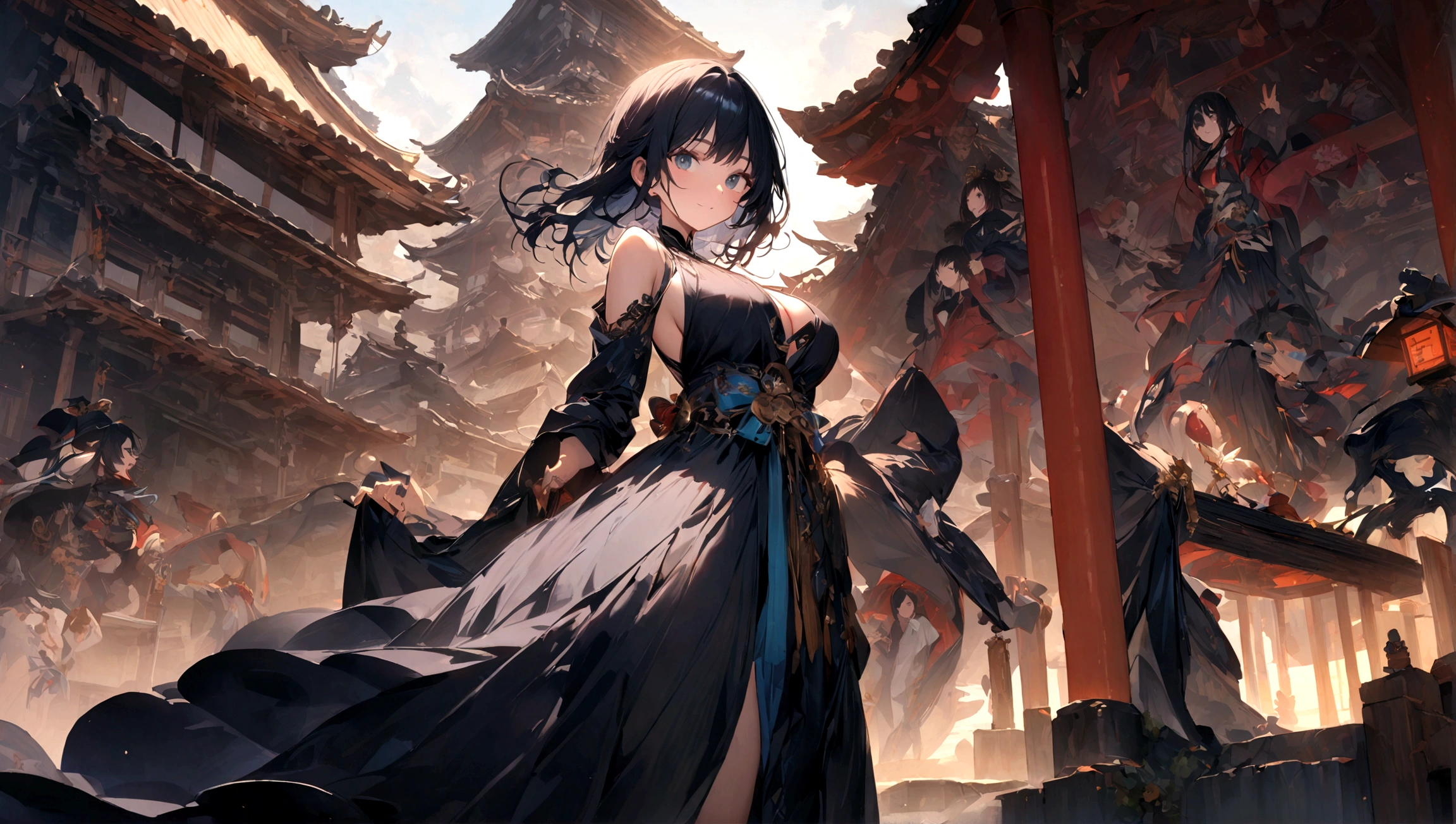 (Best Quality,4K,8K,hight resolution,masutepiece:1.2),Ultra-detailed,,beautiful character painting,The art of white Japan,Shrine of Japan,epic exquisite character art,Stunning character art,Beautiful woman,((smil、beautiful and very large breasts,Beautiful detailed eyes,Blue black hair))