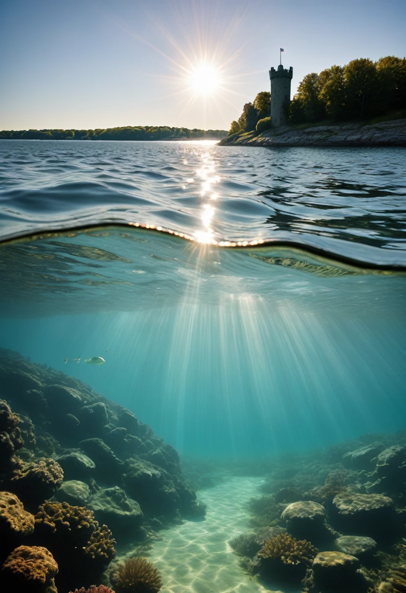 water's edge, castle island, clear sky, sun rays underwater, lots of sky